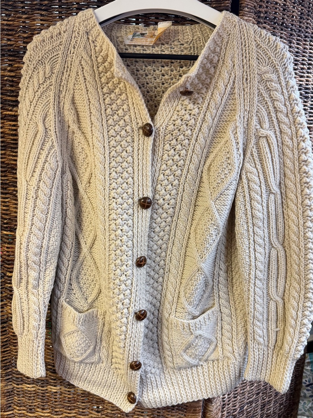 Hand knitted-Classic Cream Cable Knit Cardigan Sweater-Women, Ireland, Est. XL